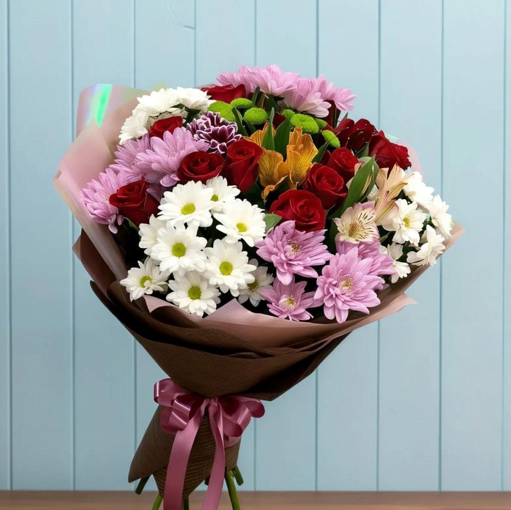 Букет цветов из: Розы, Хризантемы и Альстромерии в Рождествено